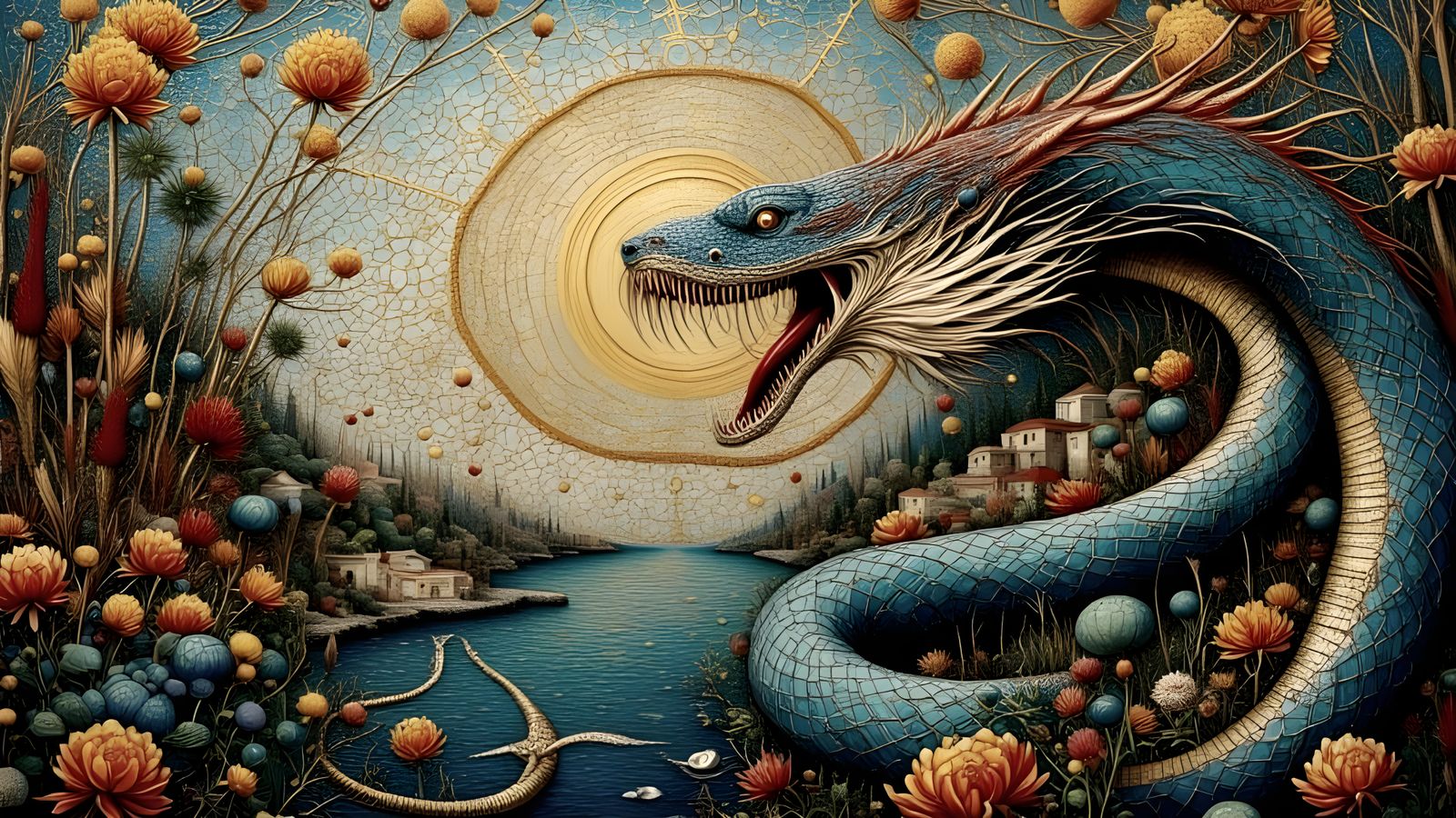 Lernaean Hydra in Ancient Greek-Inspired Mosaic Fresco Style