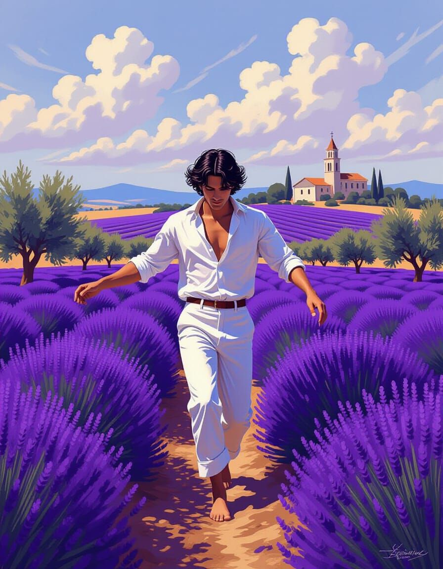 Man Dancing in Purple Lavender Field with Almond Trees