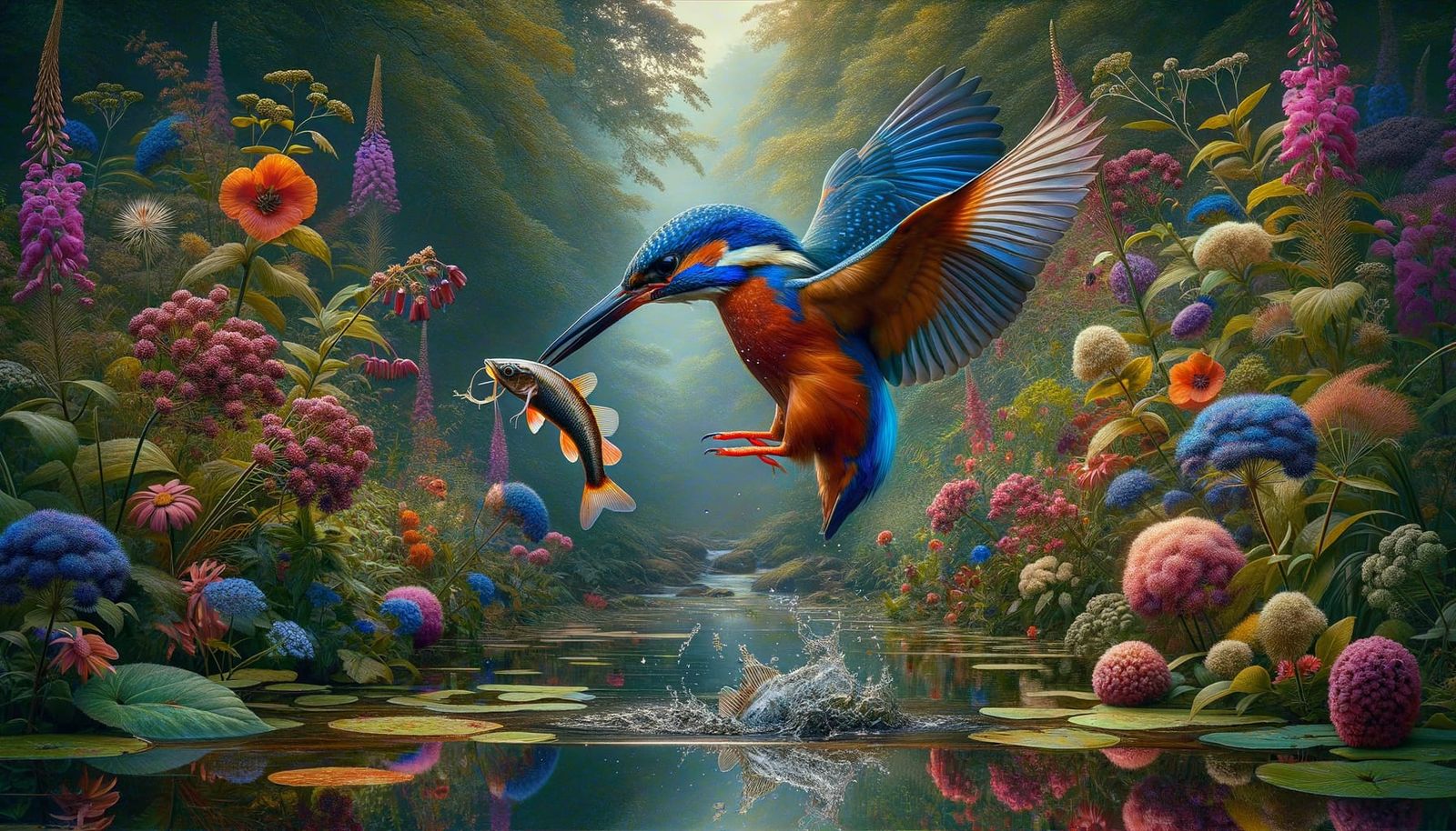 Hyperrealistic Kingfisher Suspended Above Vibrant Wildflower...