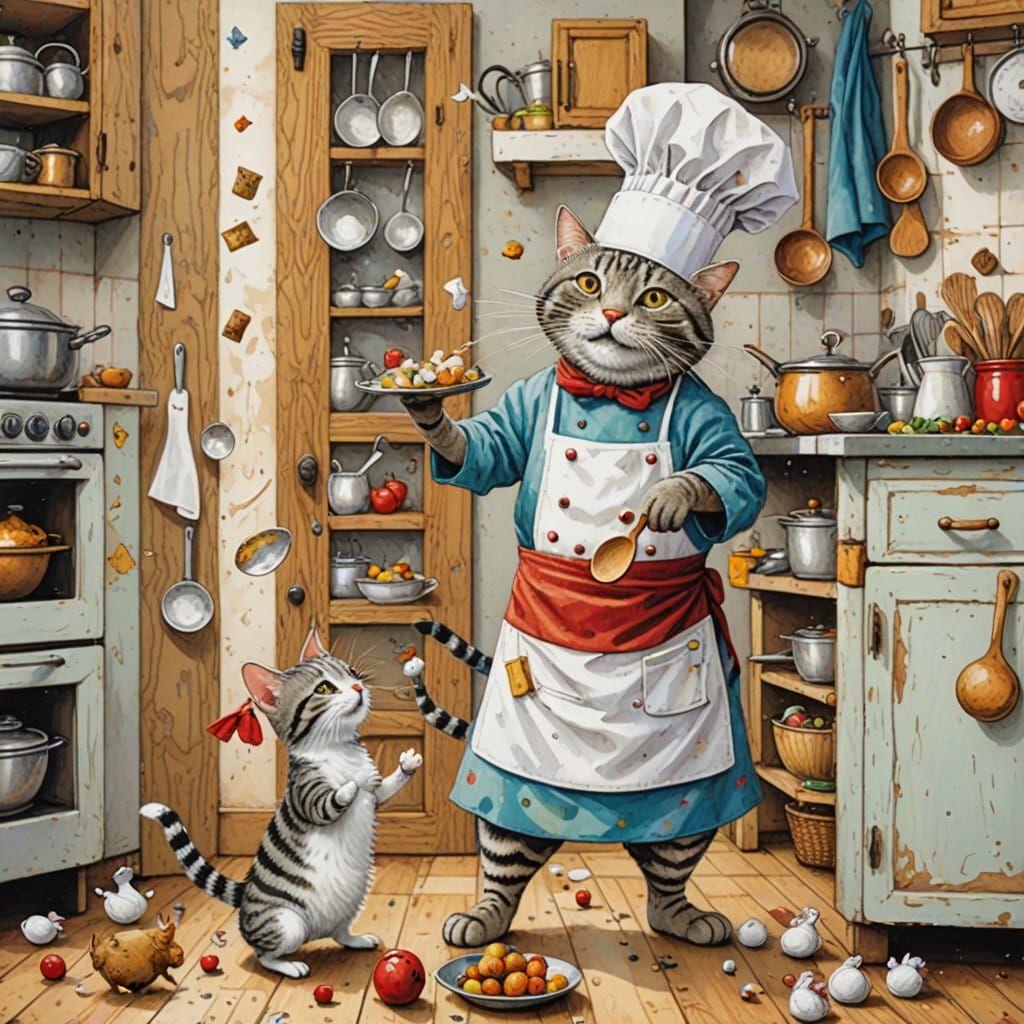 Fanciful Feline Chef Juggler in Whimsical Kitchen