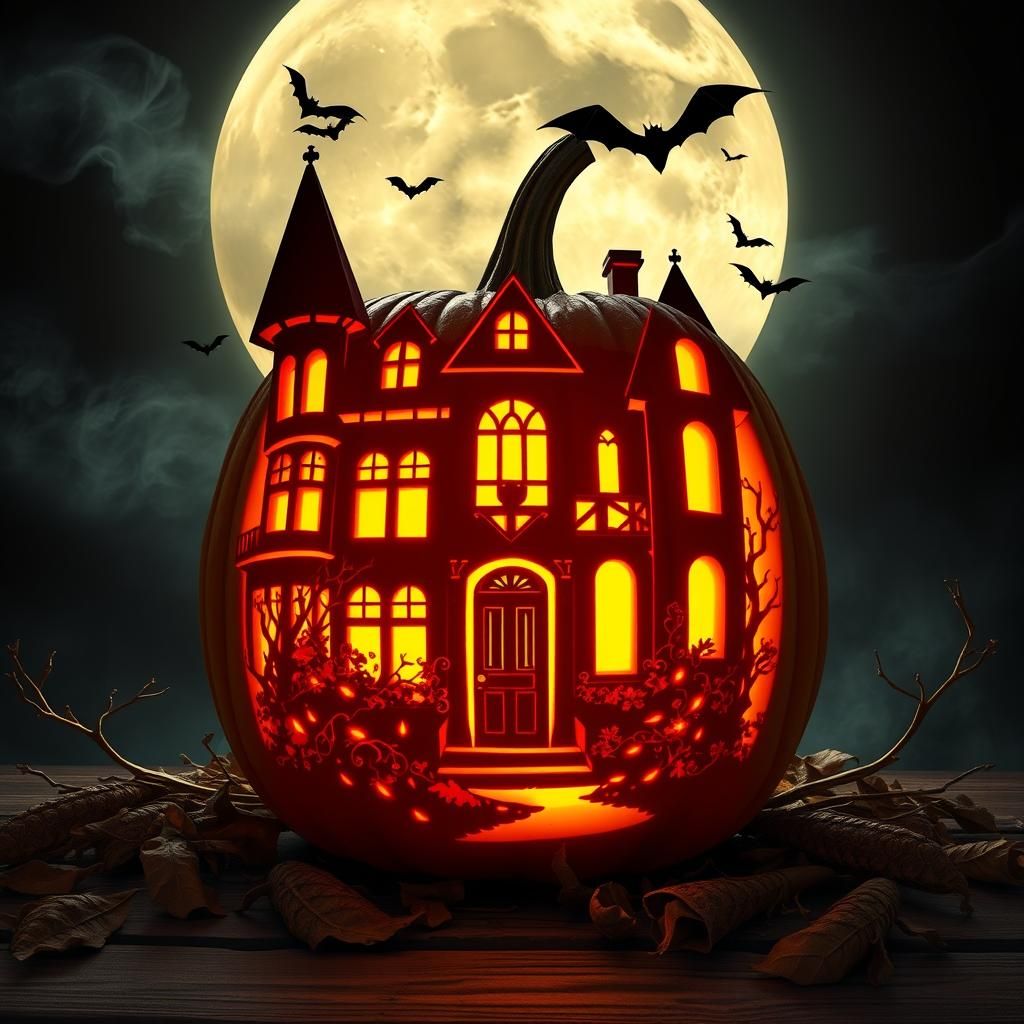 Haunted Mansion Pumpkin Carving in Dark Fantasy Style