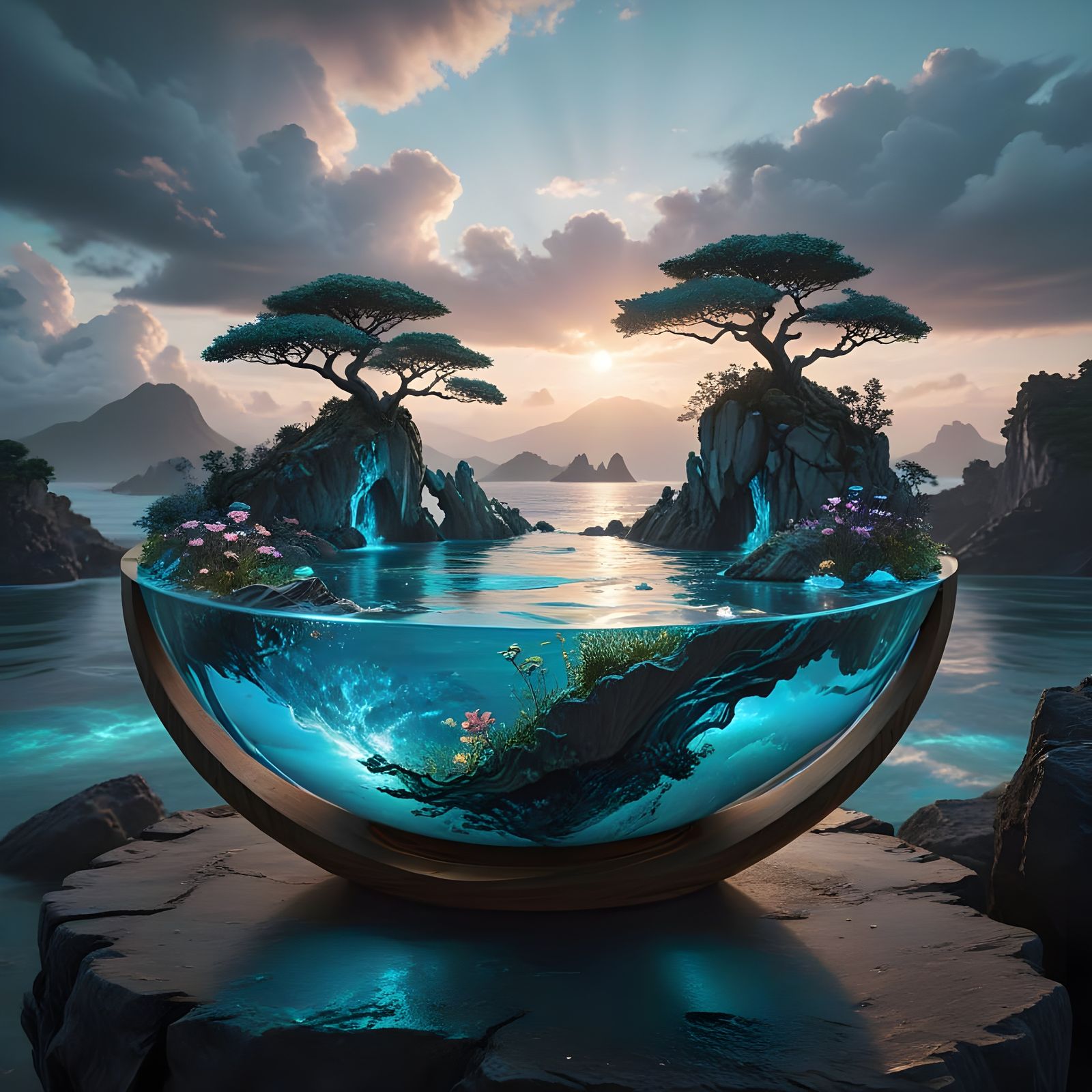 A wooden bowl with islands and flora