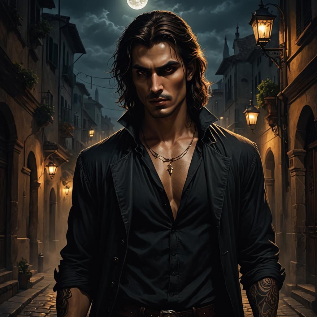 Eerie Vampire in Moonlit Street, Dark Fantasy Art