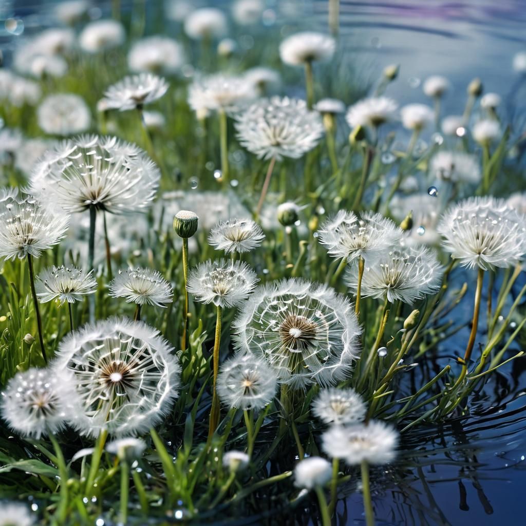 White Dandelions Under Moon in Surreal Style