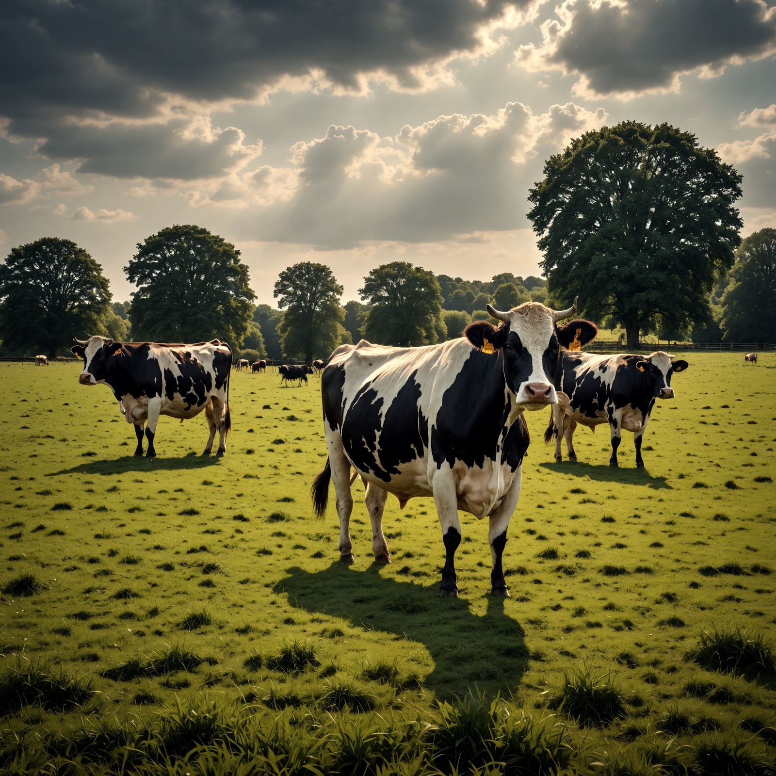 Hyperrealistic Cows in a Sunlit Meadow
