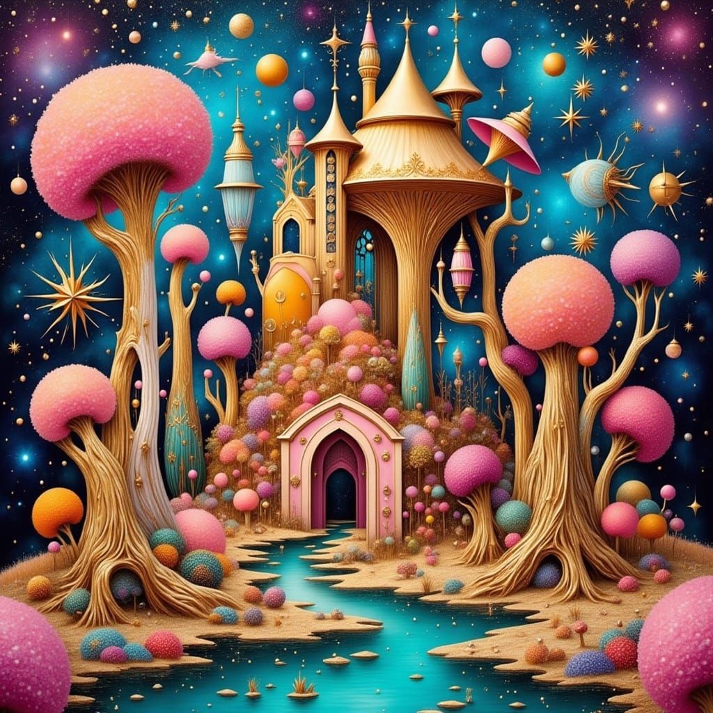 <lora:Book Life:1.0> <lora:Gold and pink:1.0> <lora:DreamweaverFlux:1.0> a fantastical world with vibrant colors and unu...