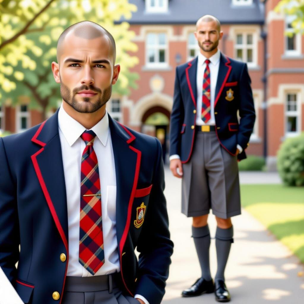 Bald Man in English School Uniform at University