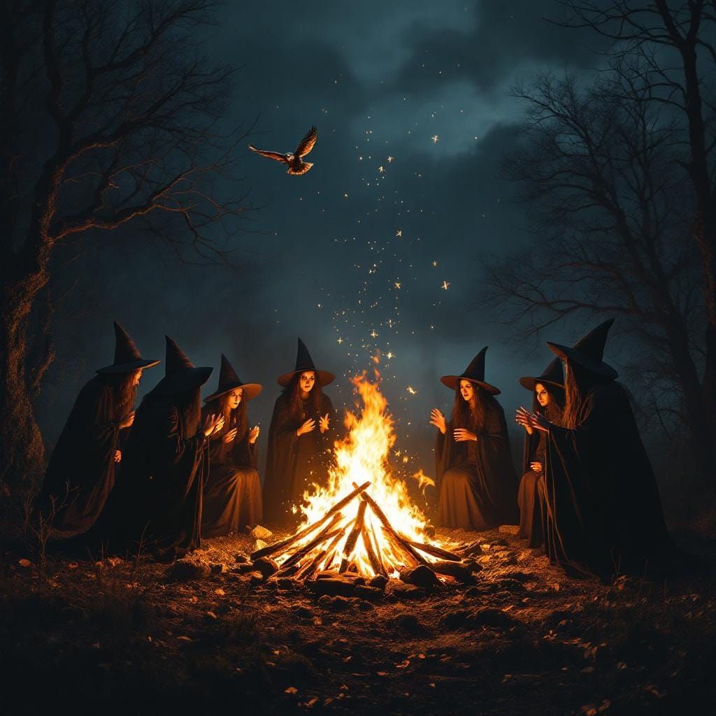 Witches Coven Casting Spell at Midnight Bonfire