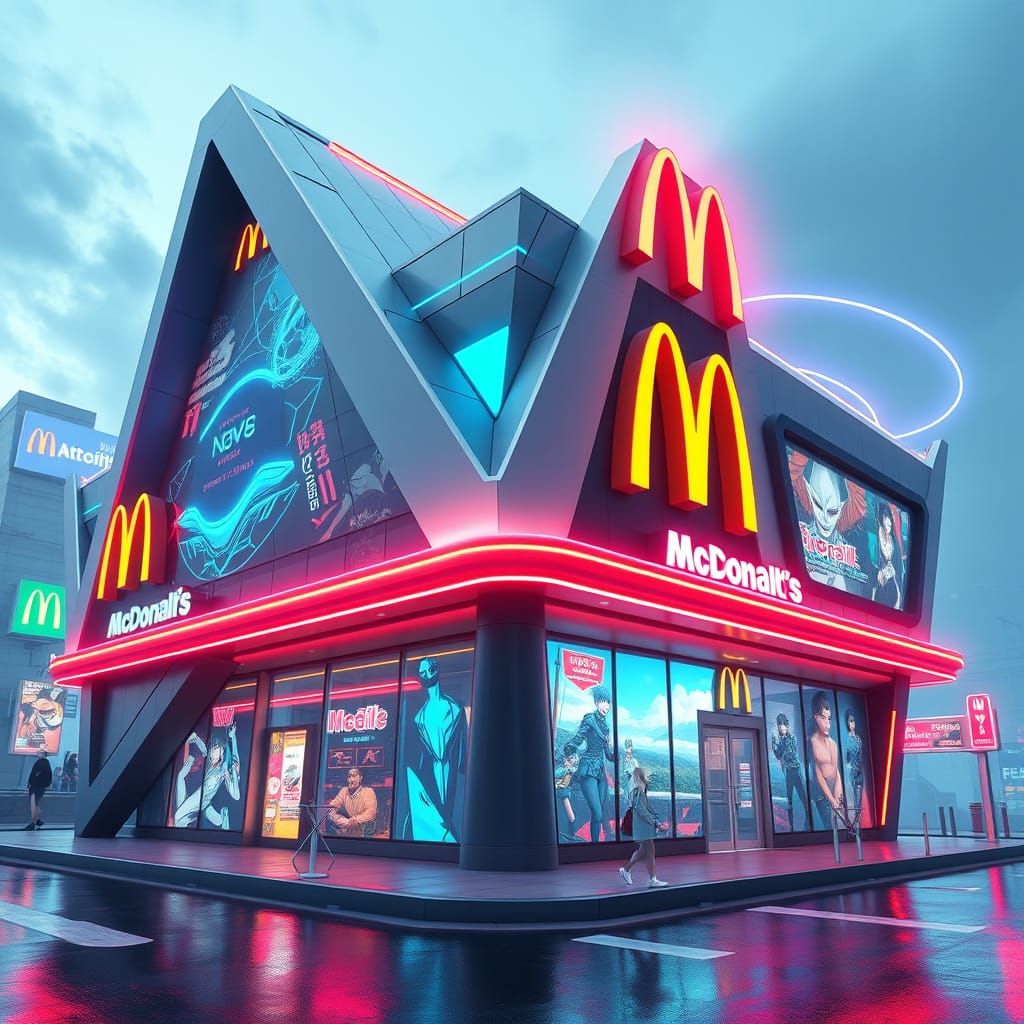 Sleek Futuristic McDonald's Building with Neon Accents