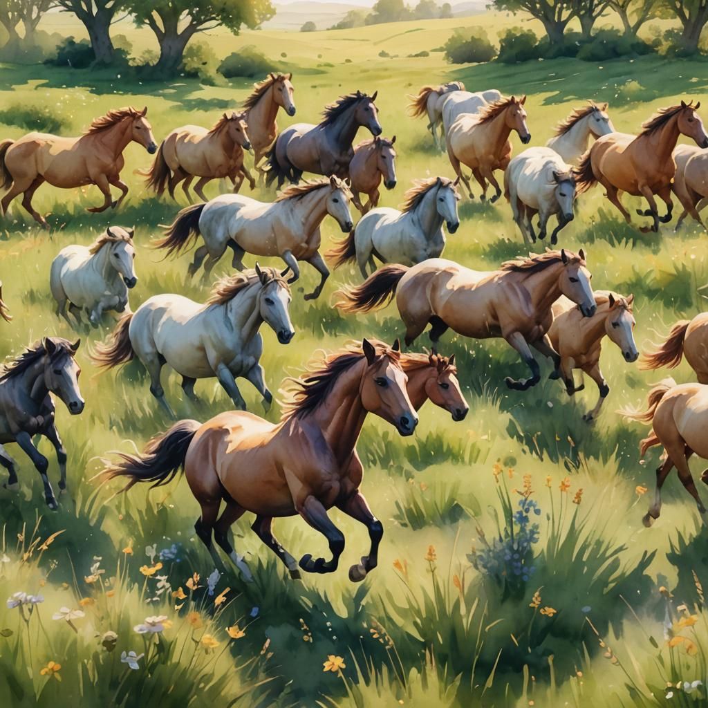 Wild Horses Galloping in Watercolor Meadow