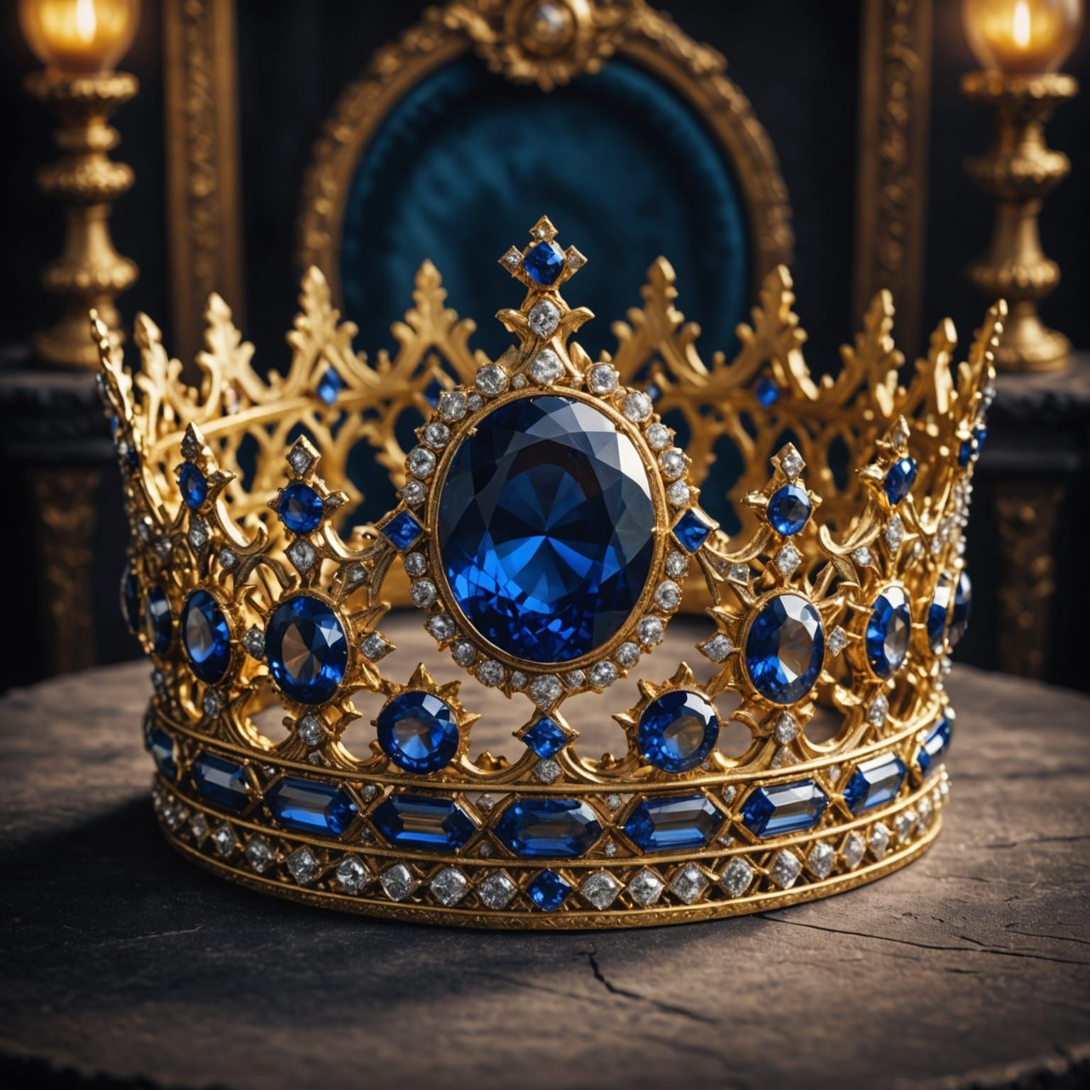 Hyperrealistic Golden Crown with Large Sapphire Jewel
