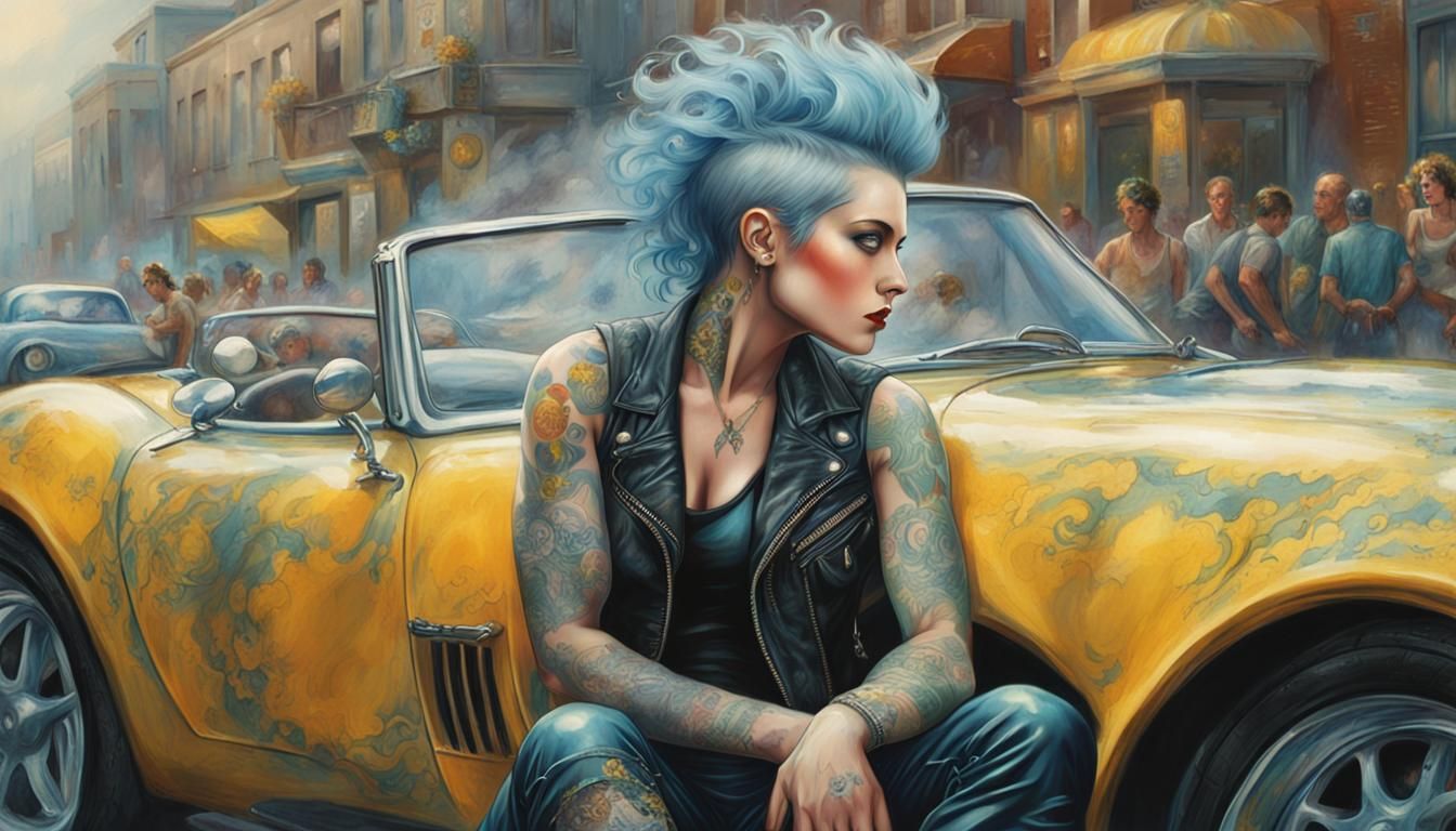 Blue-Haired Woman with Tattoos Leaning on Car