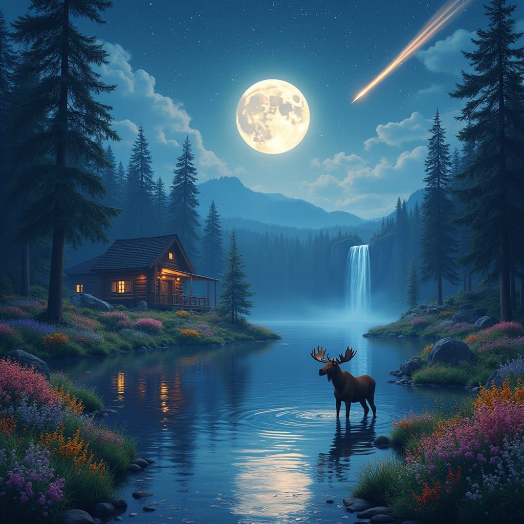 Mystical Lake Scene under Full Moon and Comet