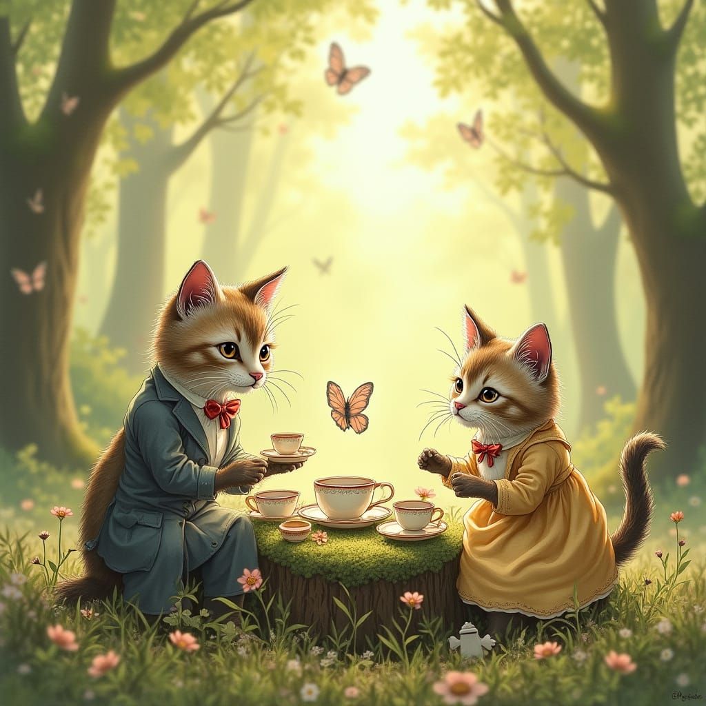 Victorian Cats Tea Party in Sun-Dappled Forest Clearing