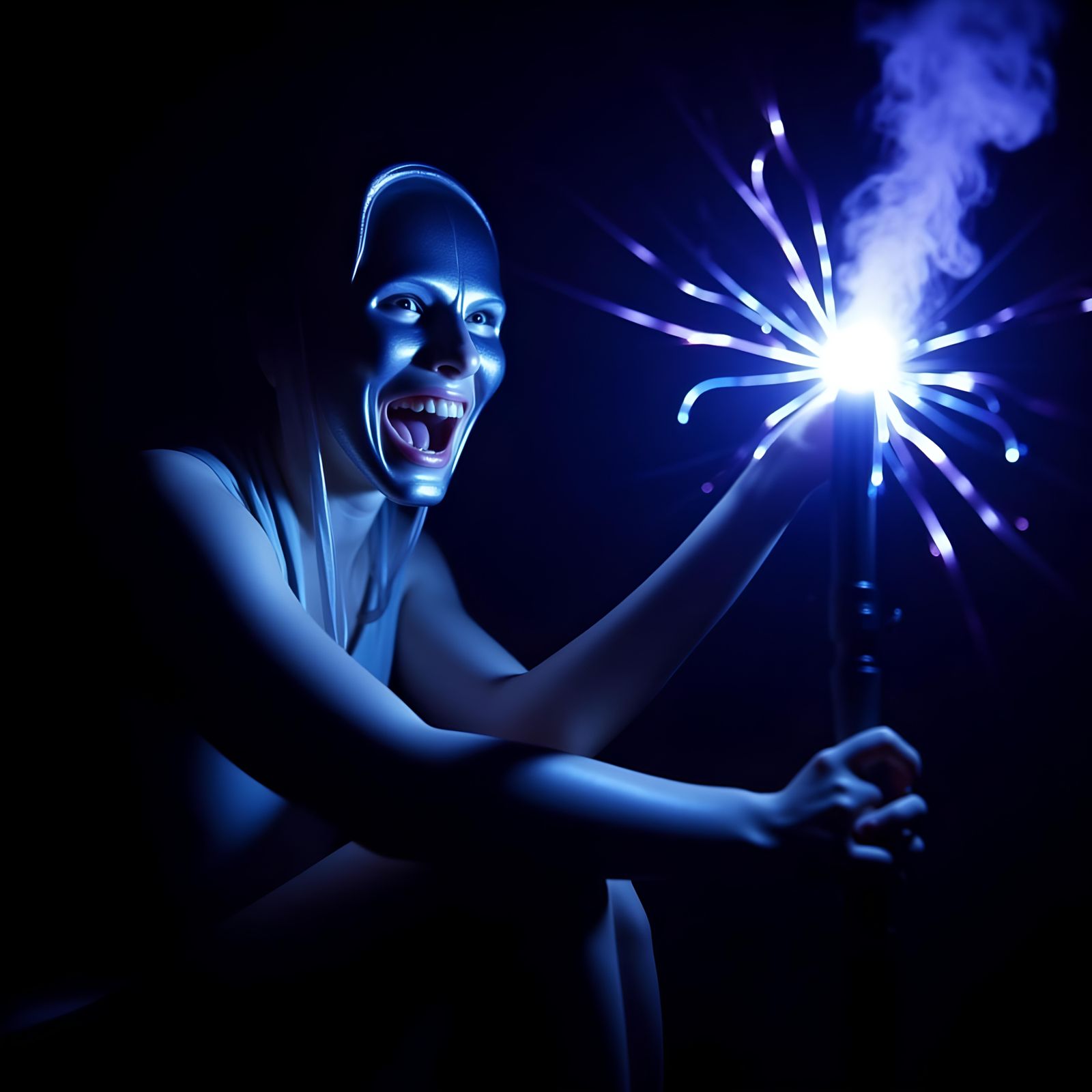 Laughing Villain with Welding Mask in the Dark