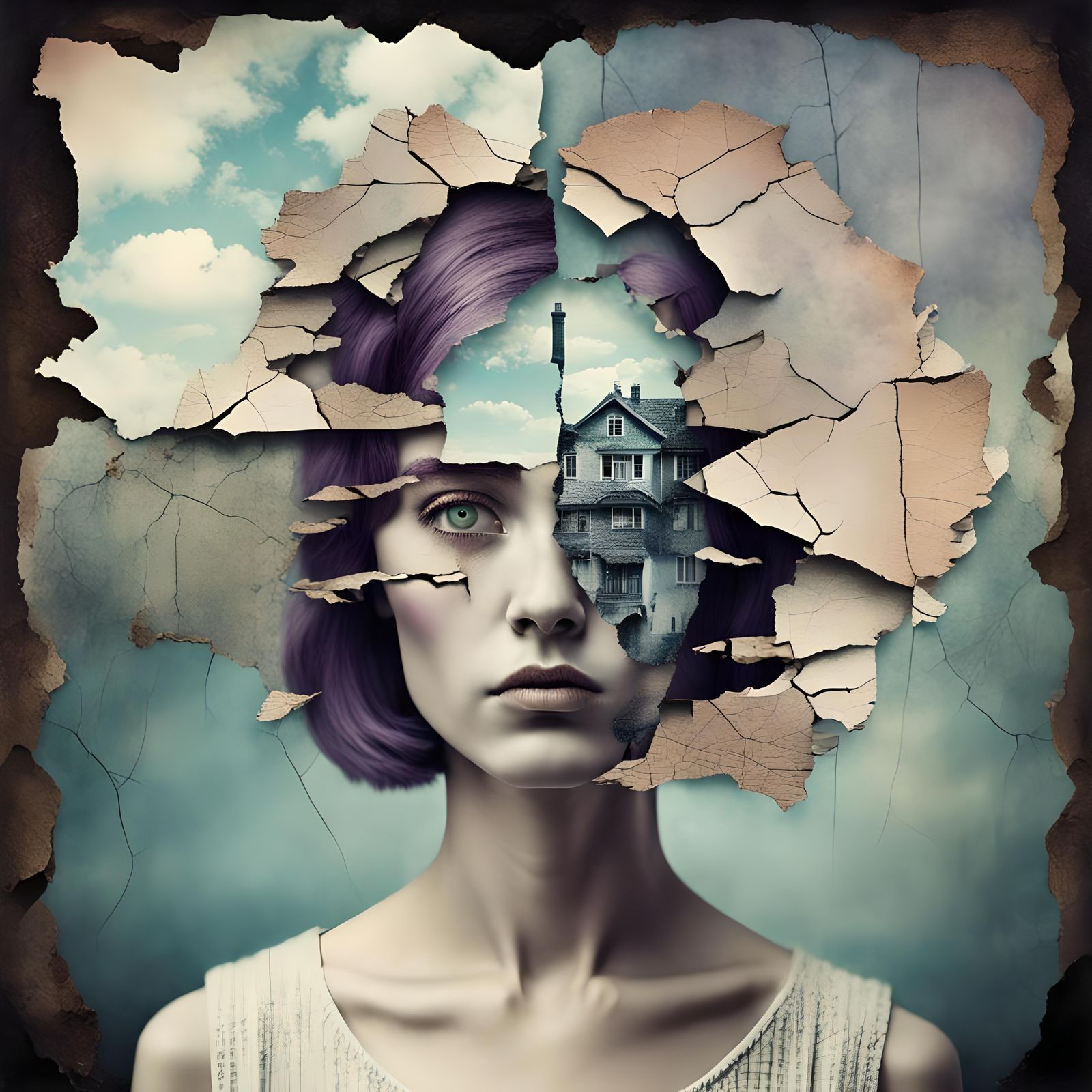 Surreal Psychotic Woman Portrait in Mixed Media Style
