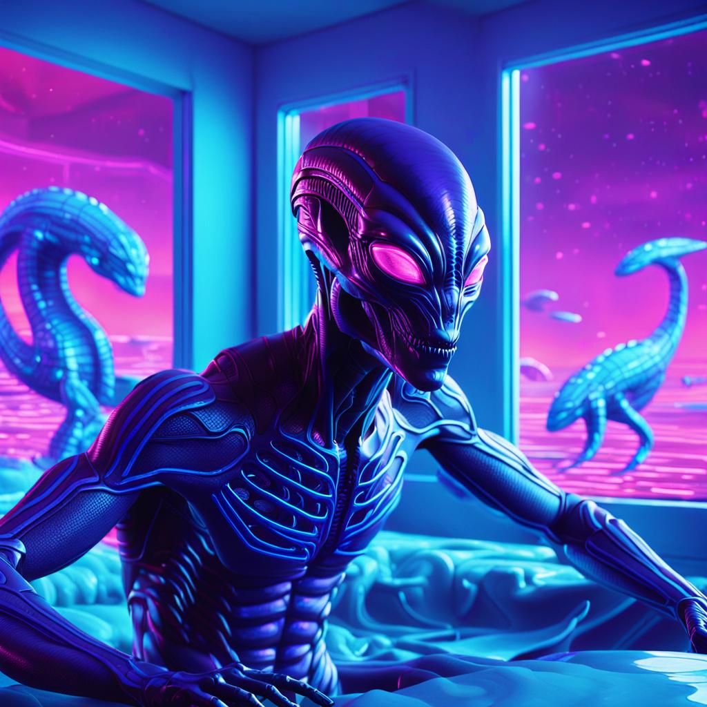 Alien Creature in Neon Synthwave Bedroom