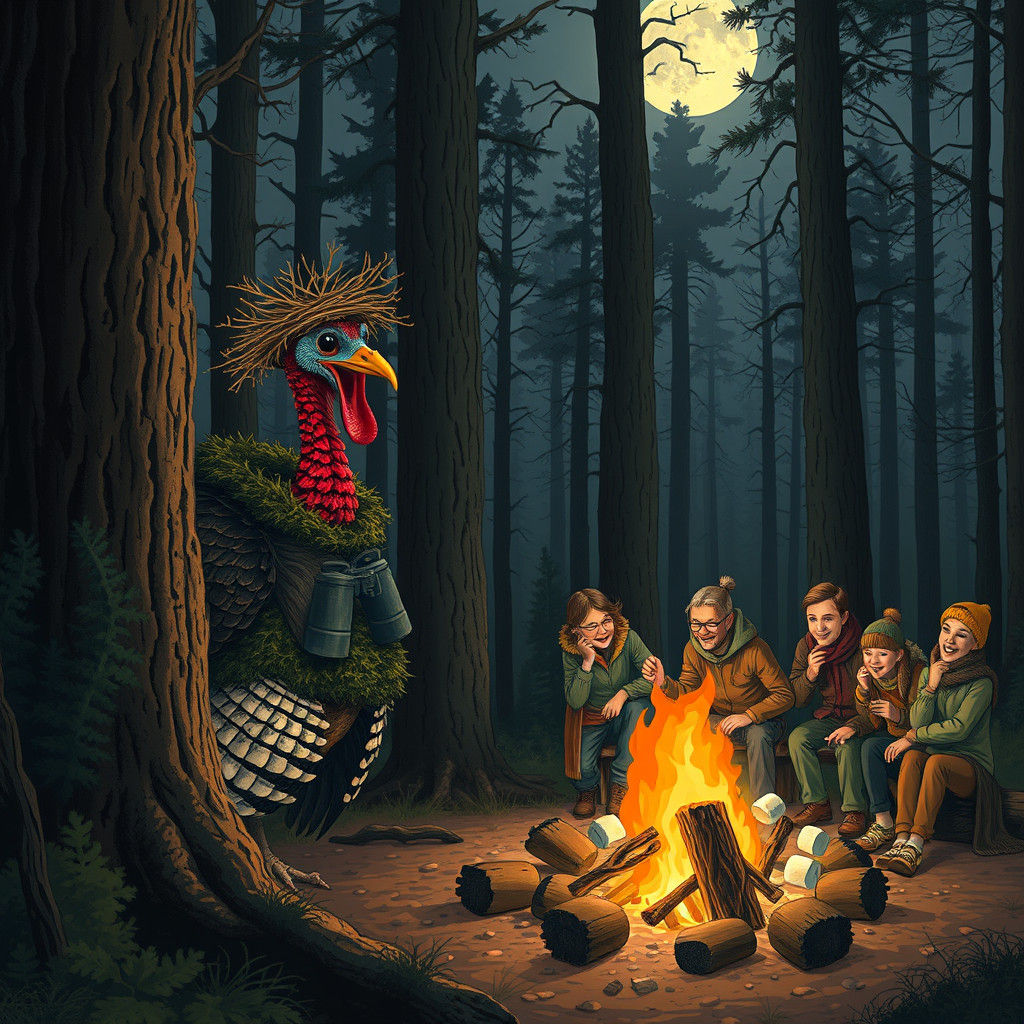 Camouflaged Turkey Hunting Humans at Bonfire Party