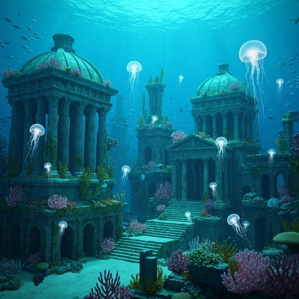 Bioluminescent Jellyfish in Sunken City Ruins