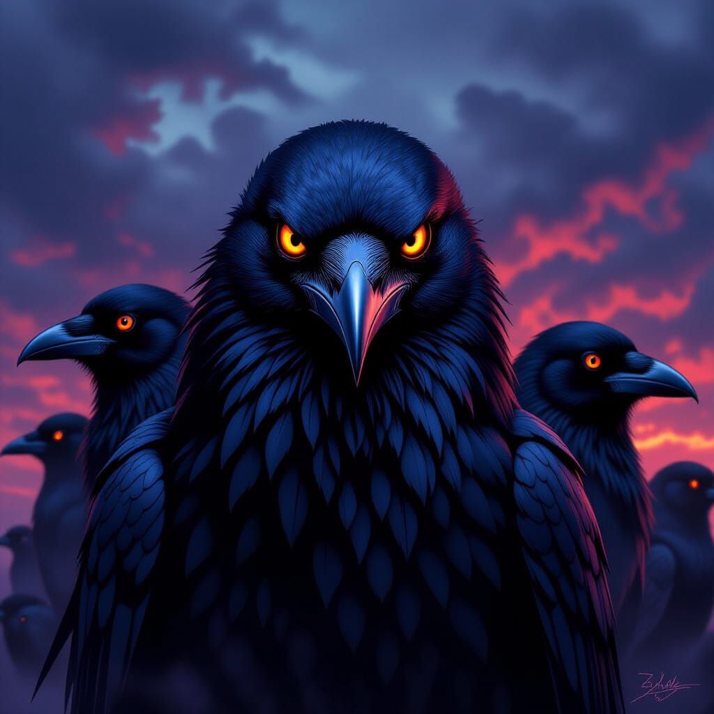 Evil Ravens With Dark Monster Eyes in Stormy Sky