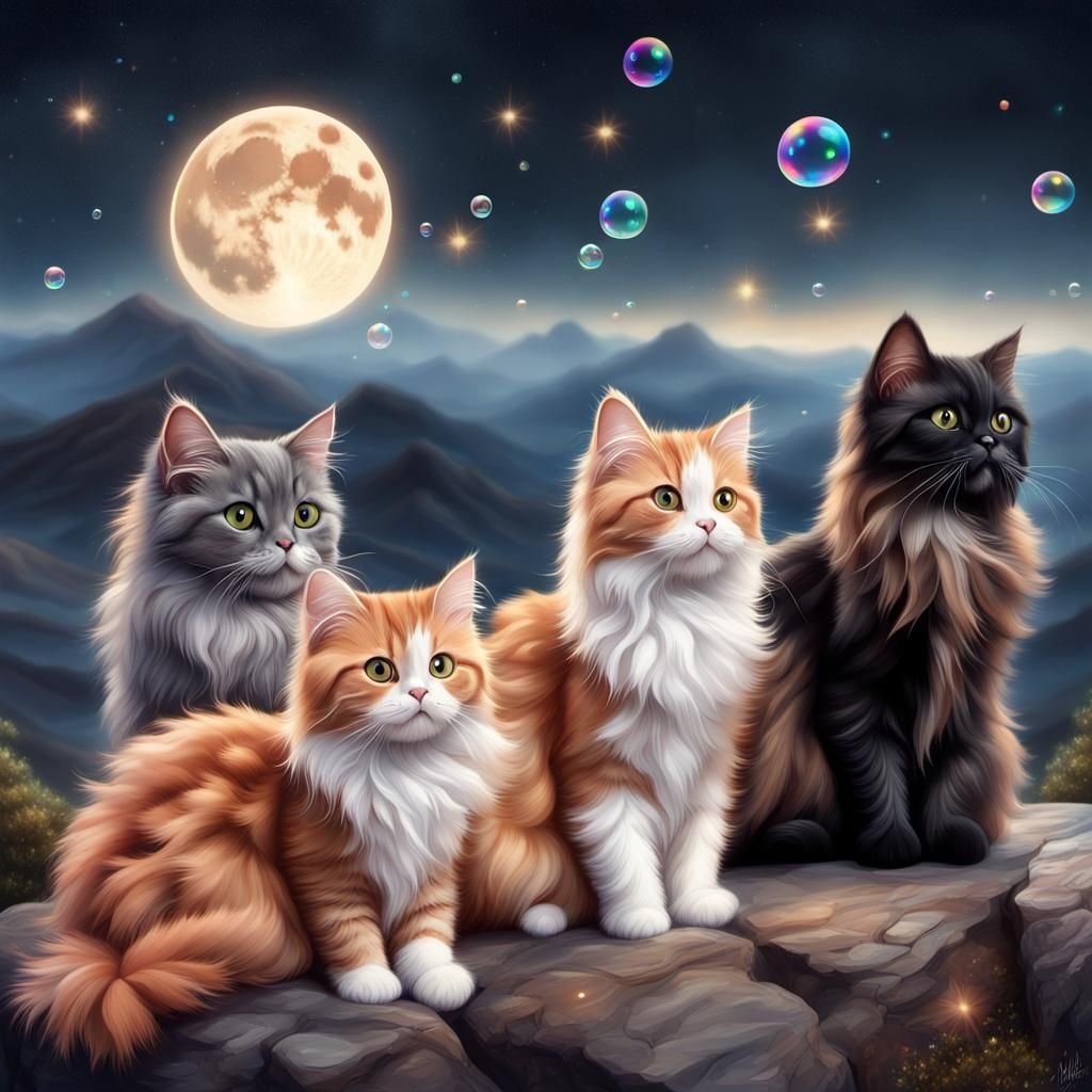 Cats Chasing Bubbles Under Starry Sky