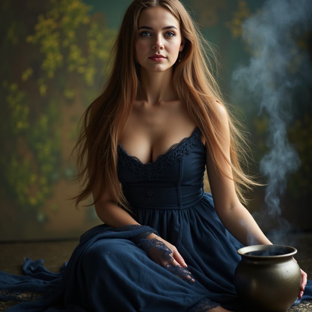 Victorian Woman Stirring Cauldron, Digital Art