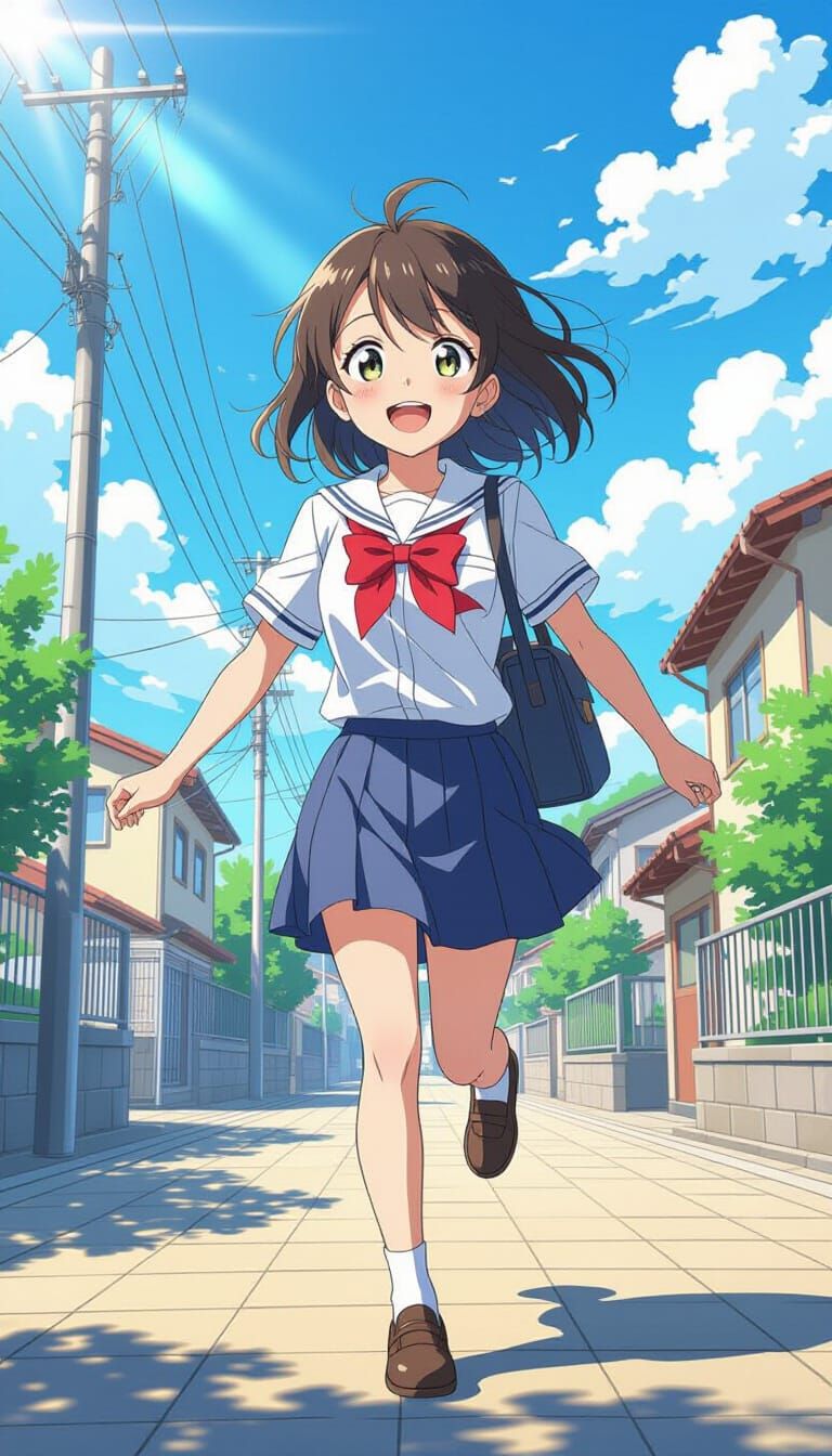 Joyful Girl Skips to School in Vibrant Manga Style