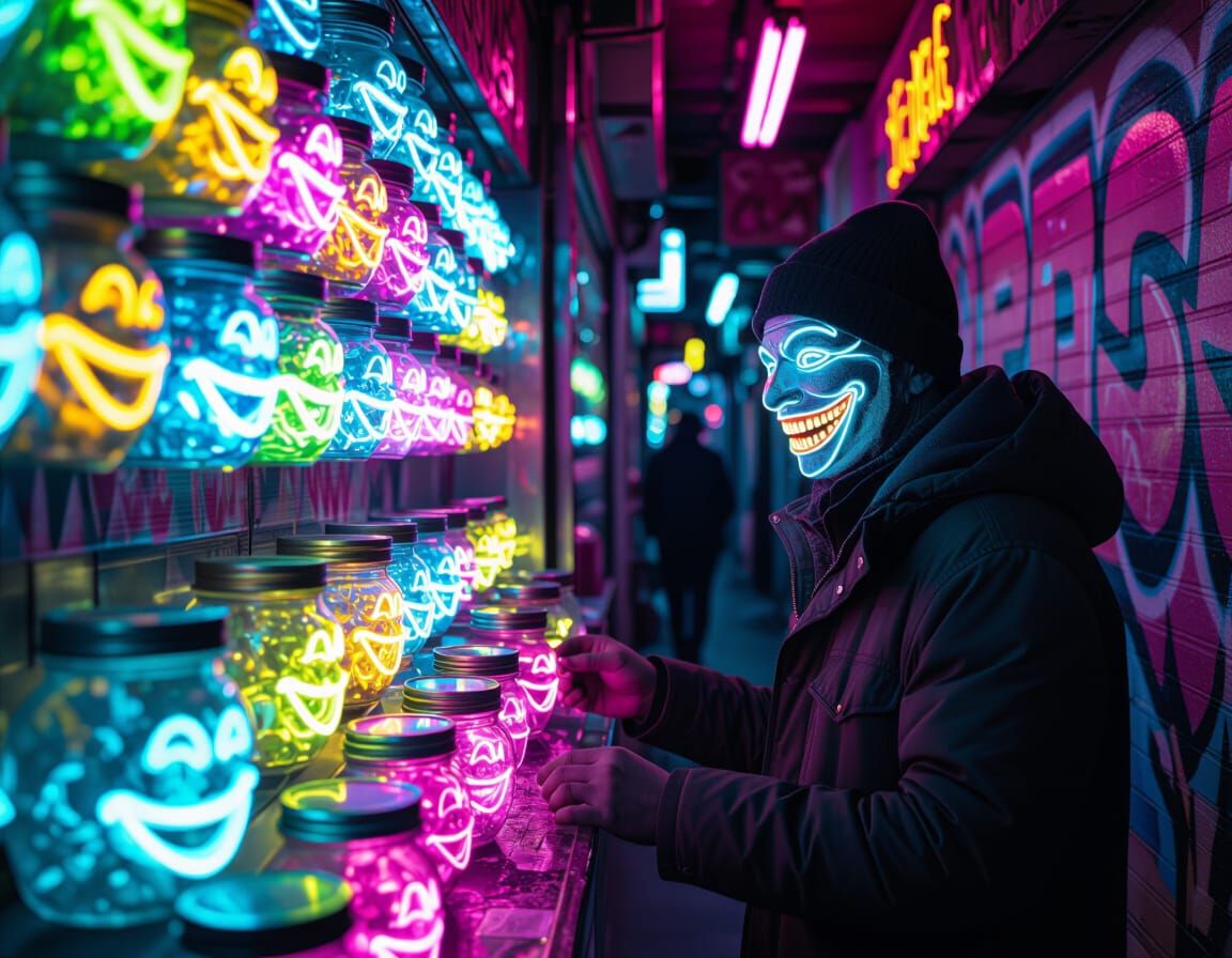 Neon Alley Smile Vendor in Cyberpunk Style