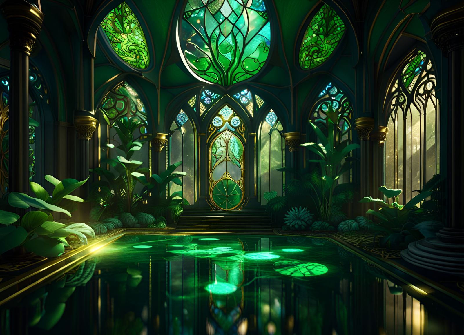 Elven Atrium with Emerald Pool and Gold Filigree