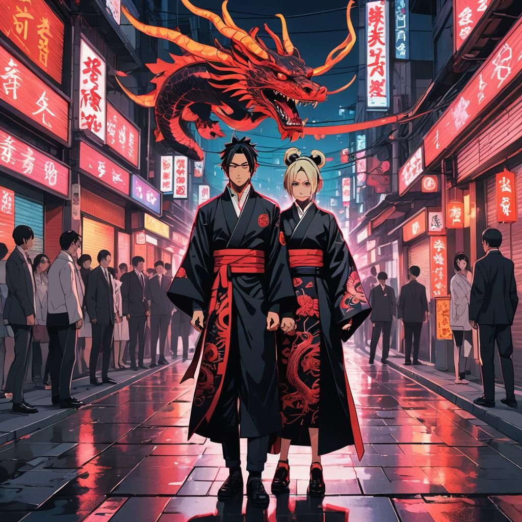 Sarada and Boruto at Yakuza Wedding in Cyberpunk Style