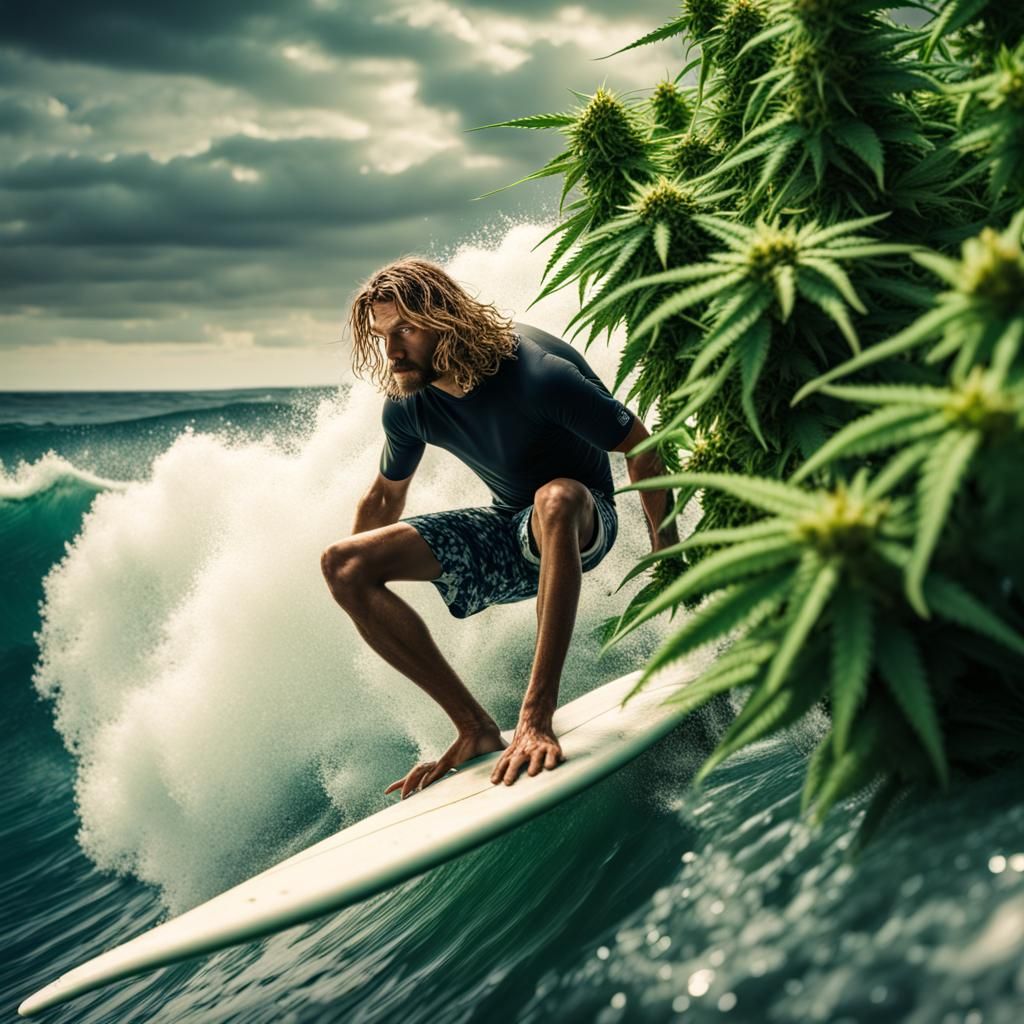 Surfer Rides Cannabis Wave: Hyperrealistic HDR Image