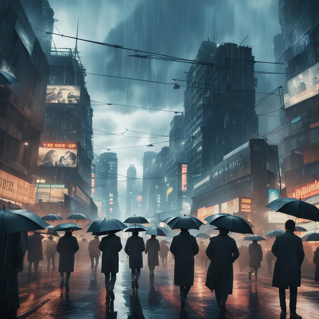 Dystopian City Street Scene in the Rain