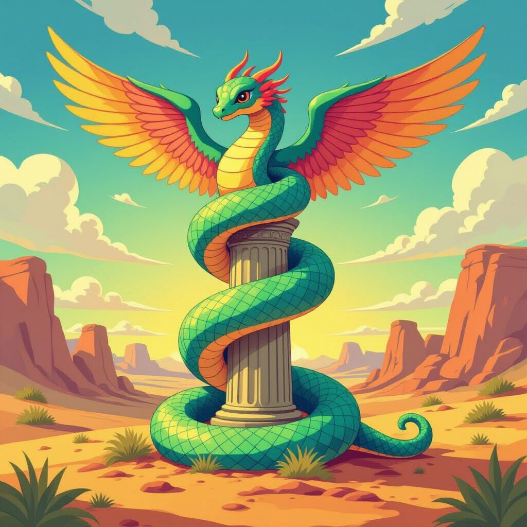 Winged Serpent in Subtropical Desert, Watercolor Art