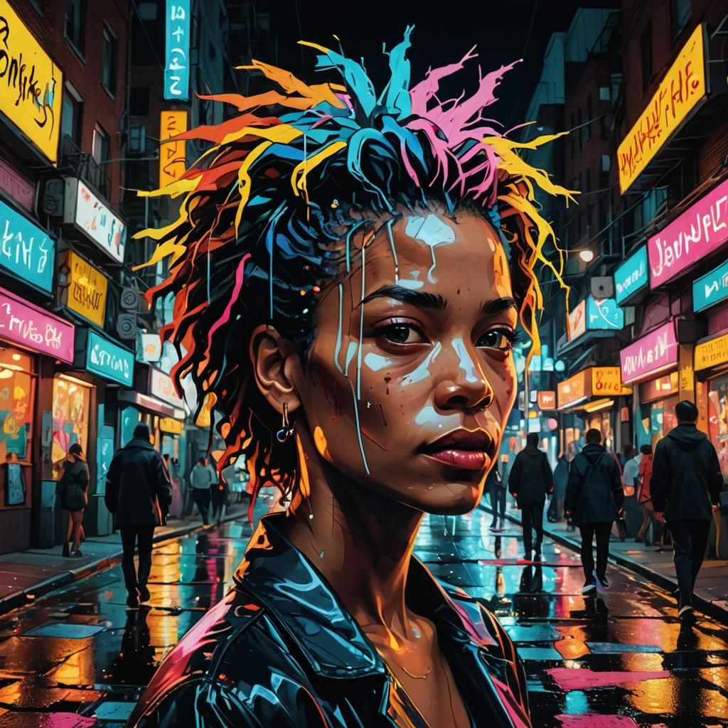Vibrant Haired Woman in Surreal Urban Nightscape
