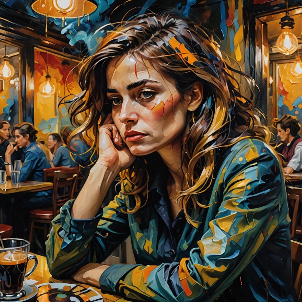 Troubled Woman in Surreal Cafe, Oil Painting Style