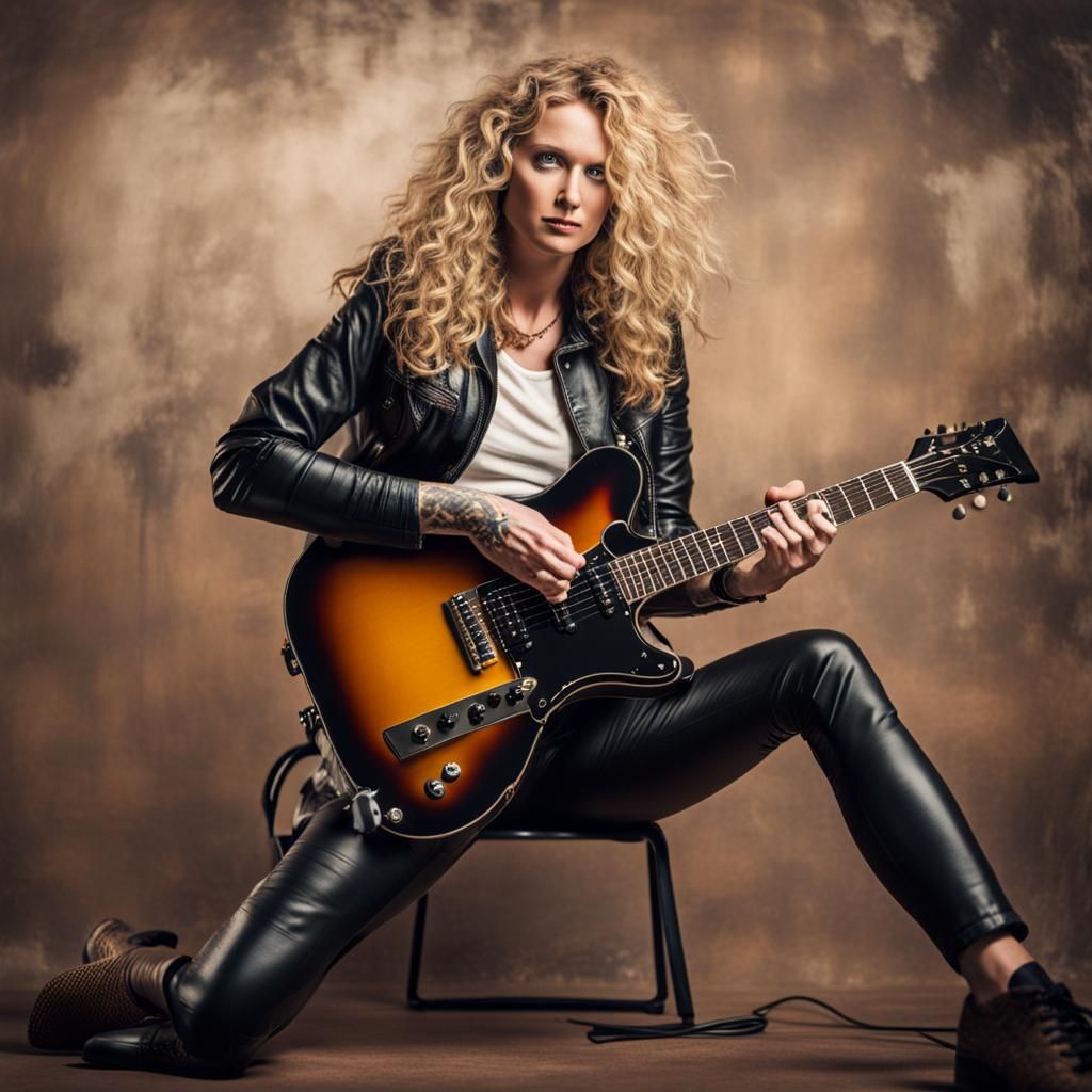 Blonde Woman with Tattoos Playing Guitar