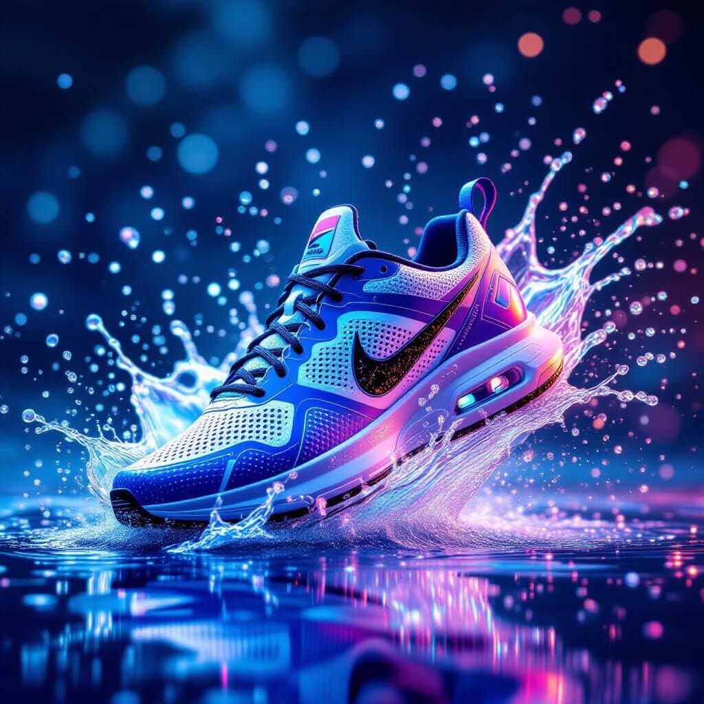 Hyper-Realistic Nike Shoe in Iridescent Water Splash