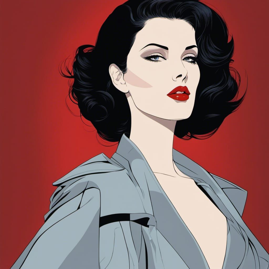 Elegant Woman with Bold Red Lips: Nagel-Style Illustration