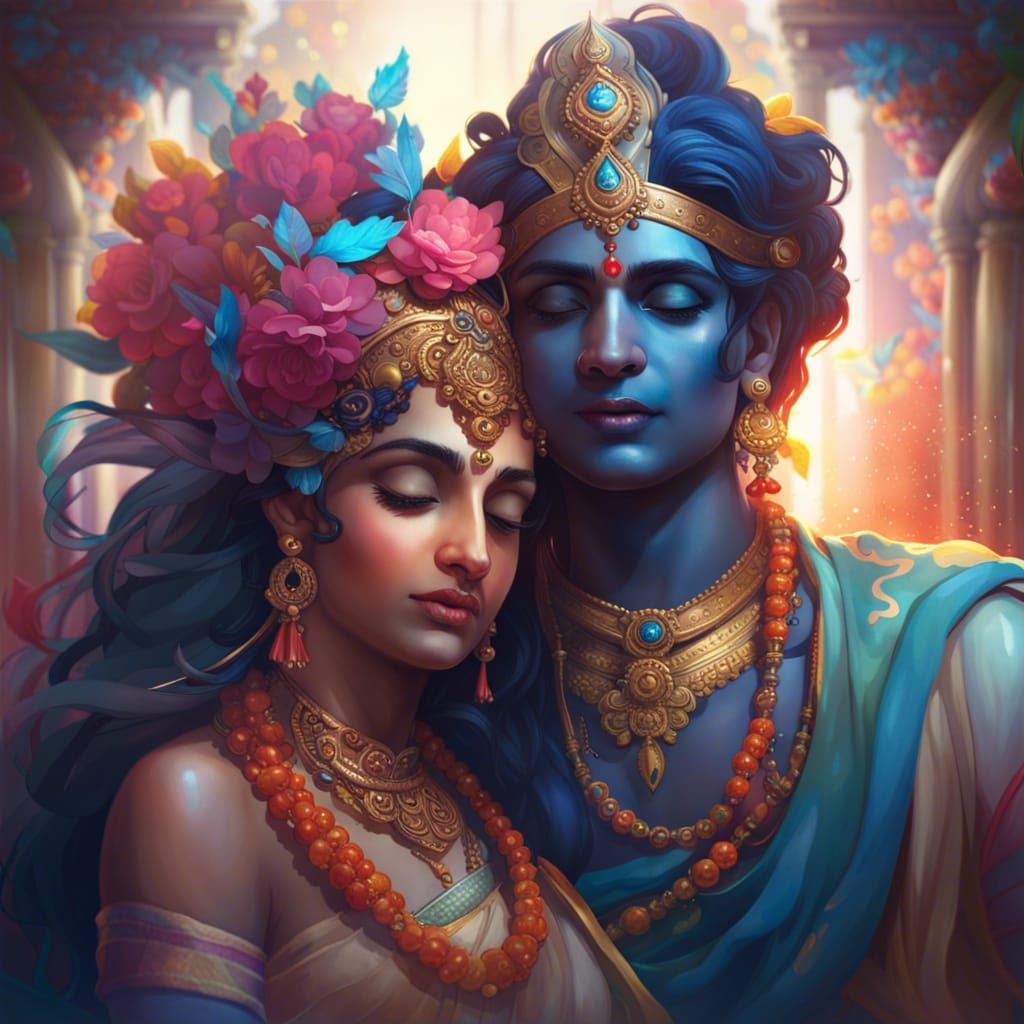 Radha Krishna Portrait in Hyperdetailed Art Style