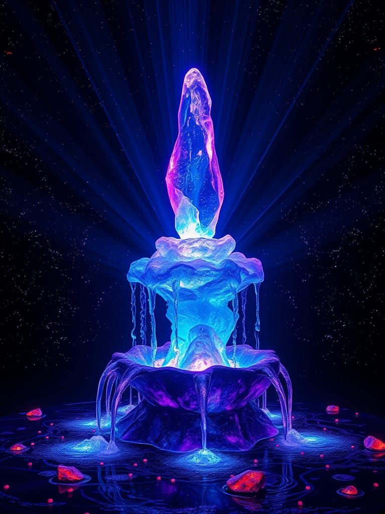 Ethereal Gemstone Fountain in Infinite Space