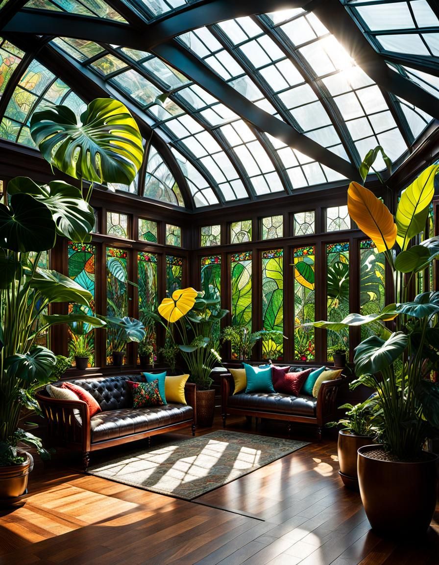 Futuristic Conservatory with Botanical Stained Glass