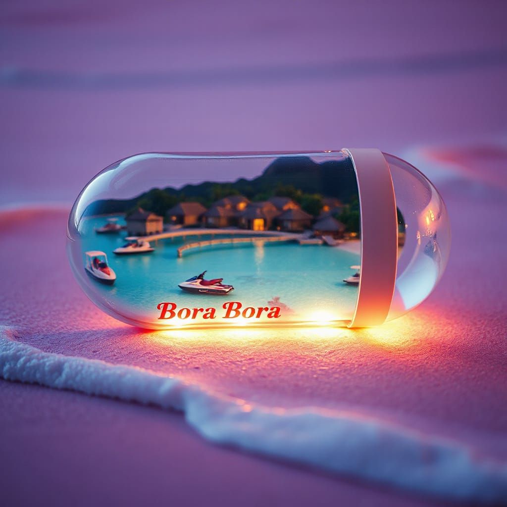Surreal Miniature Cityscape in a Glass Pill, Bora Bora Beach...