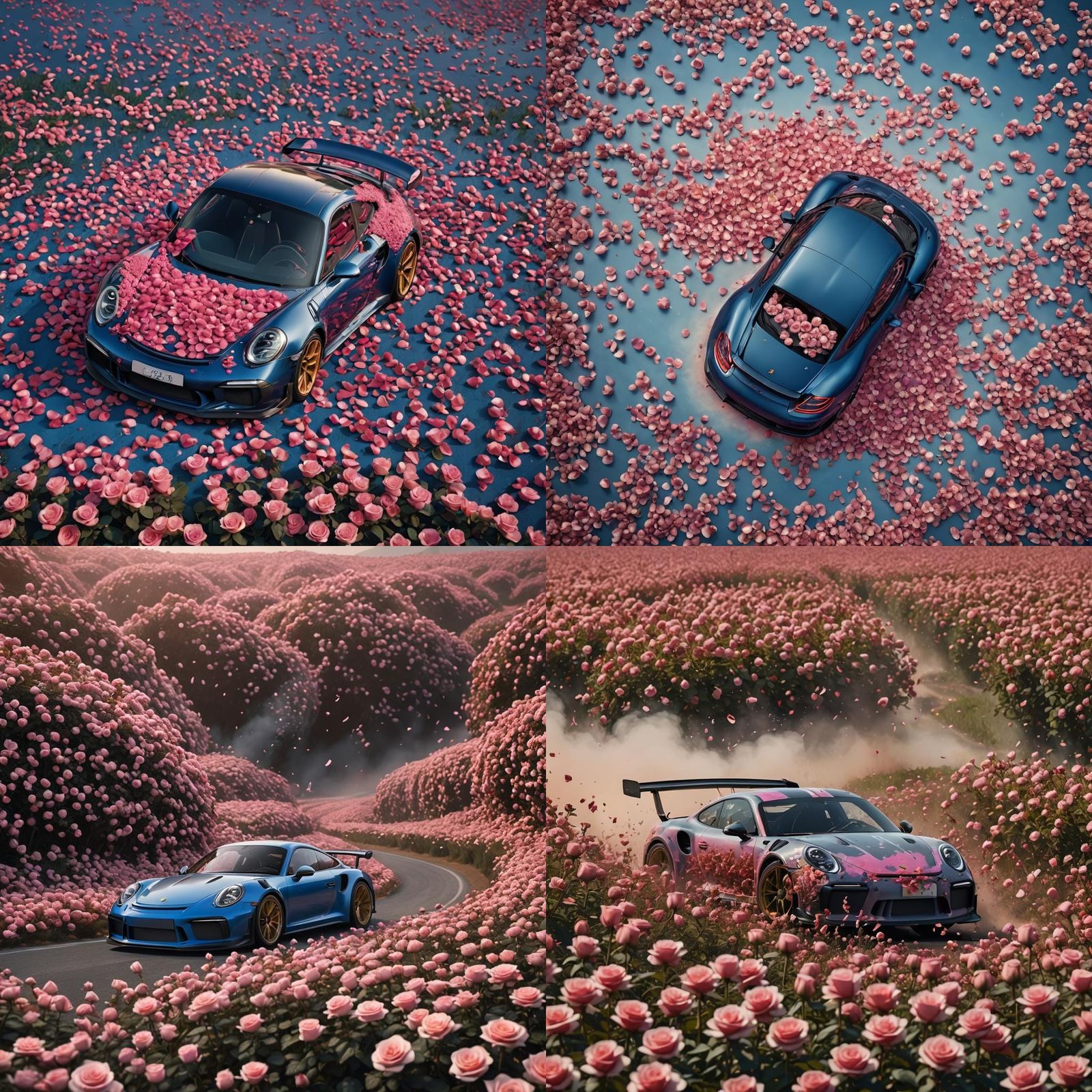 Blue Porsche in Silky Rose Field: Digital Art