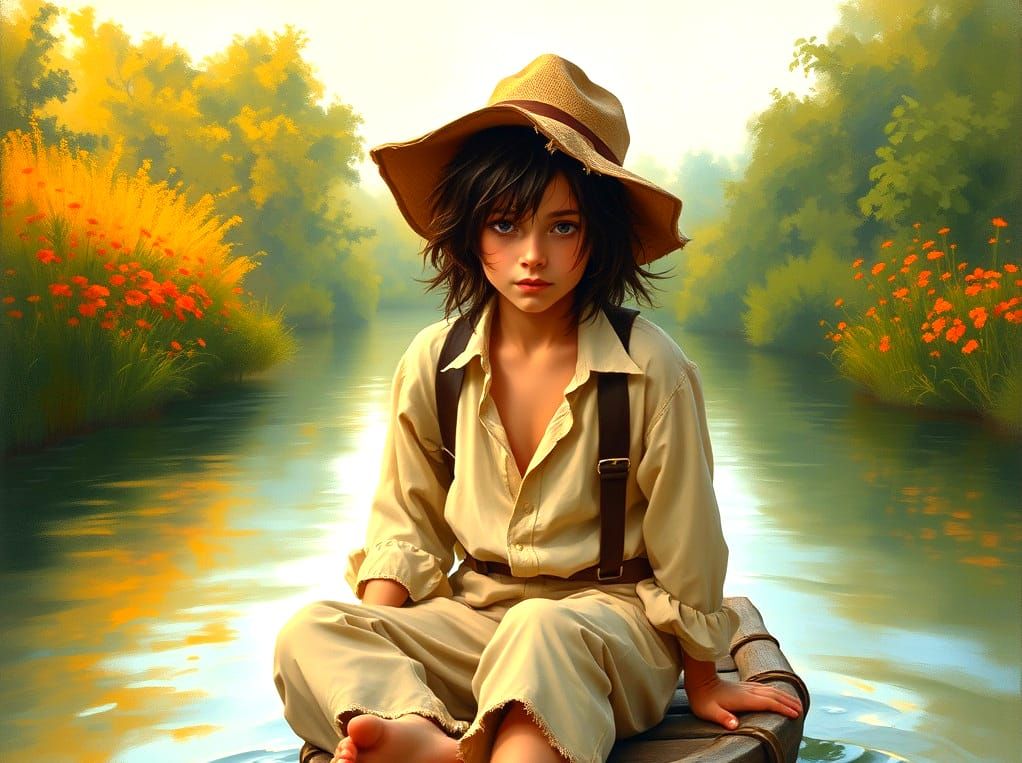 Huckleberry Finn on a Raft, Oil Painting