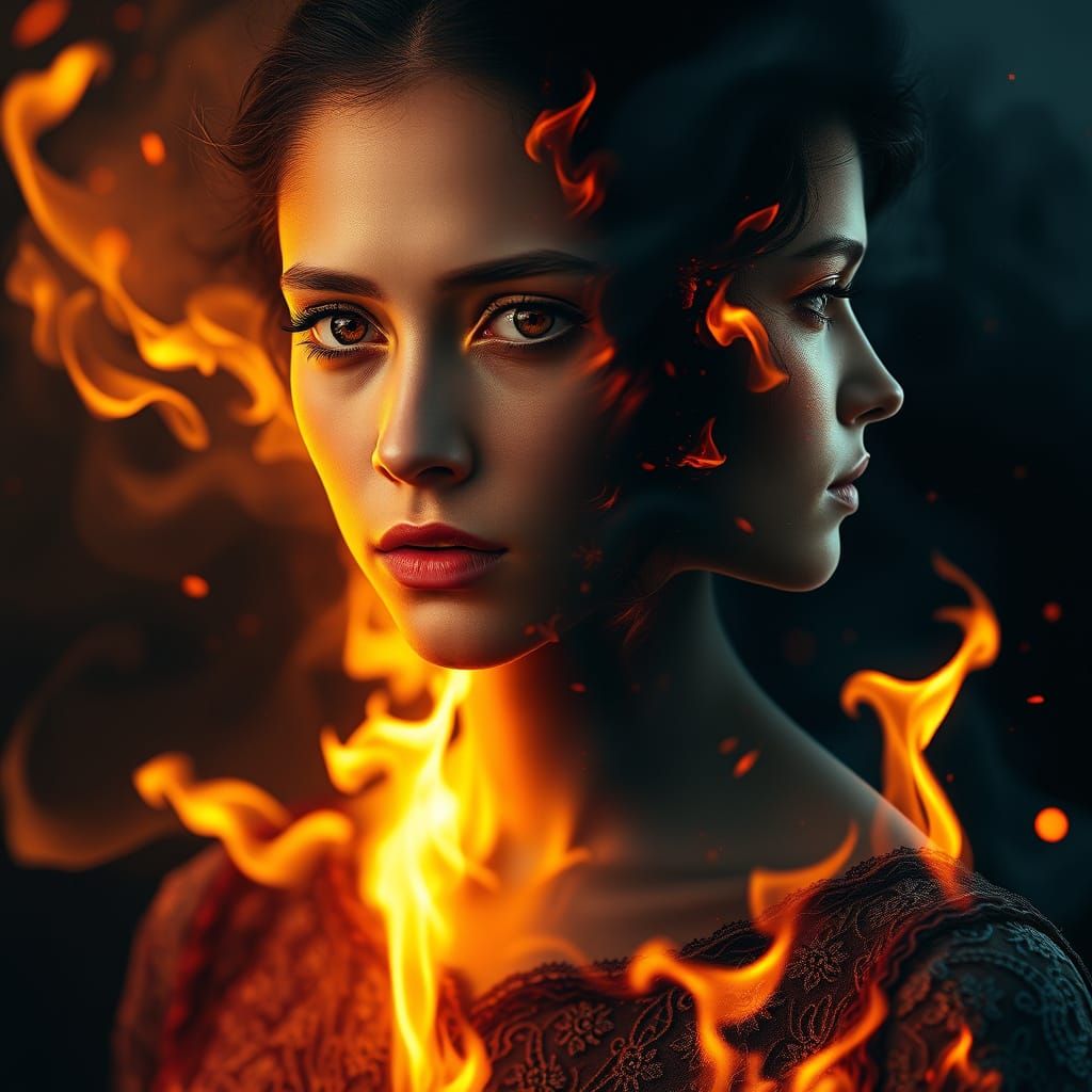 Mystical Double-Exposed Portrait of a Young Woman, Caught Be...