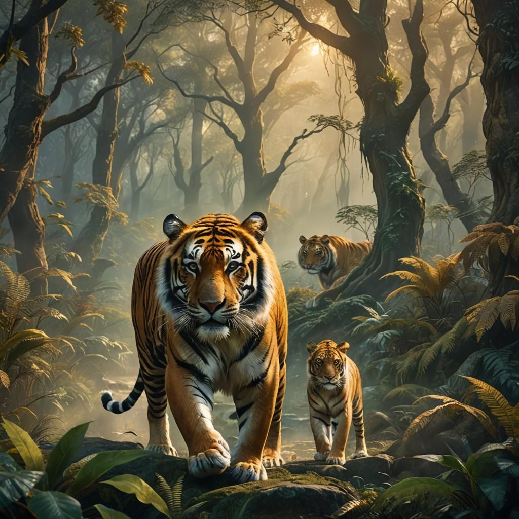 Tiger-Lion Hybrid in Mystical Forest Digital Painting