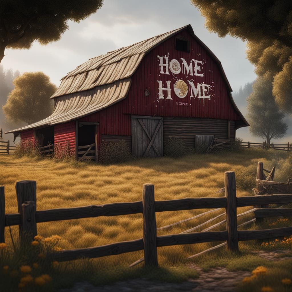 Detailed Embroidery of a Barn and the Word Home