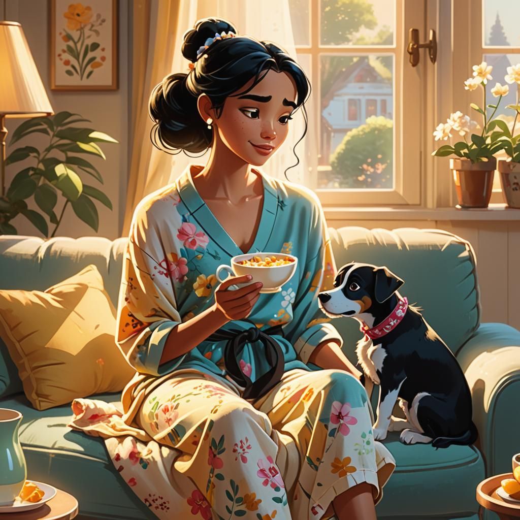 Jasmine Feeds Dog in Cozy Disney-Inspired Living Room