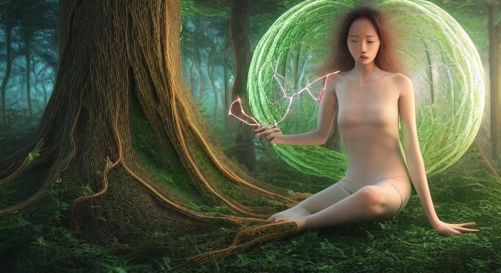 Tree-Human Hybrid Woman Generates Electricity in Forest