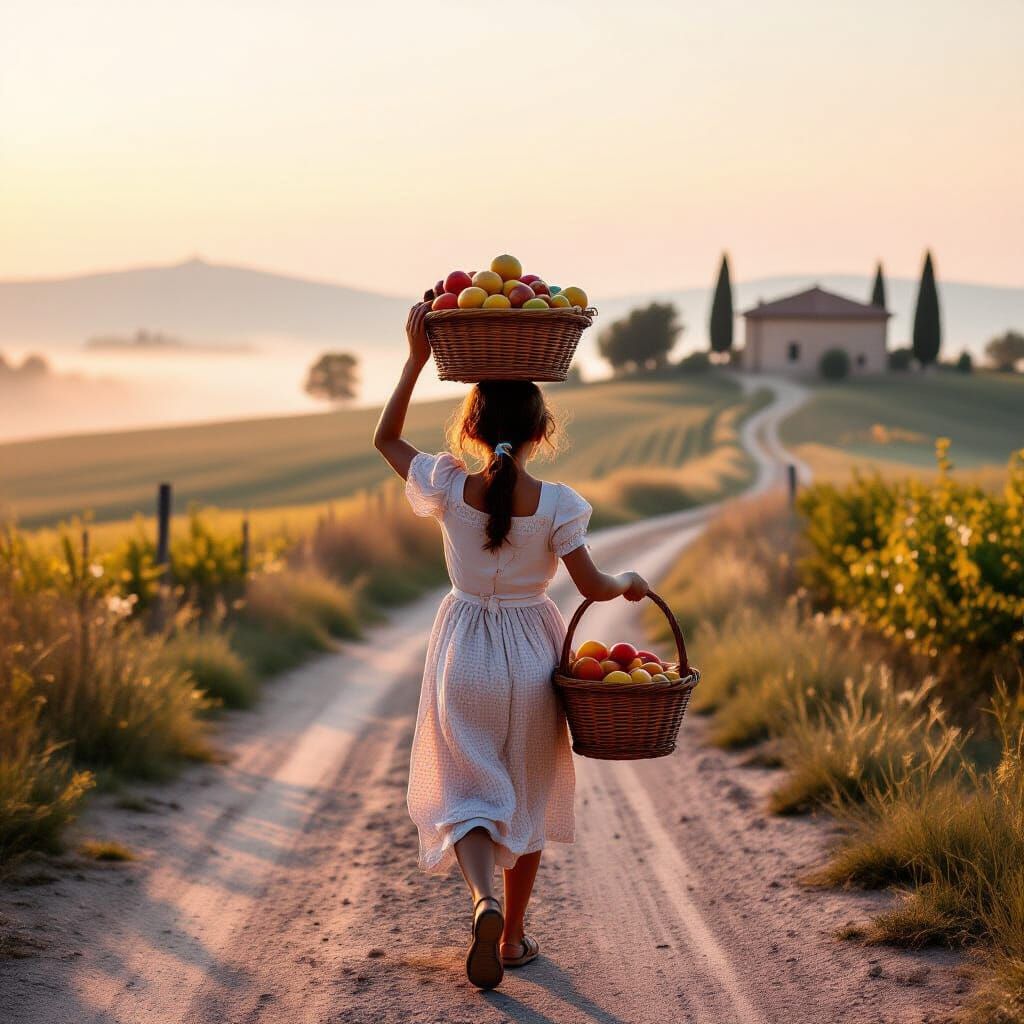 Italian Girl Carries Fruit at Dawn in Warm Light